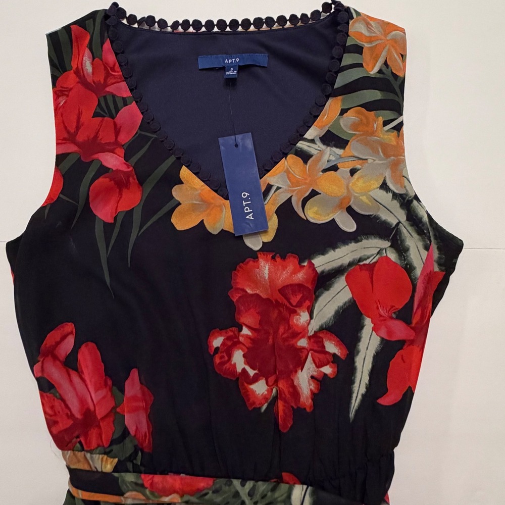 Apt 9 Floral High-Low Midi Dress Navy Blue Tropical V-Neck Pom Trim Small NWT